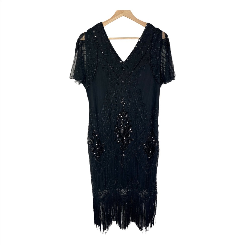VIJIV Women's 1920s Black Sequin Fringe Flapper Dress Gatsby Black Size large